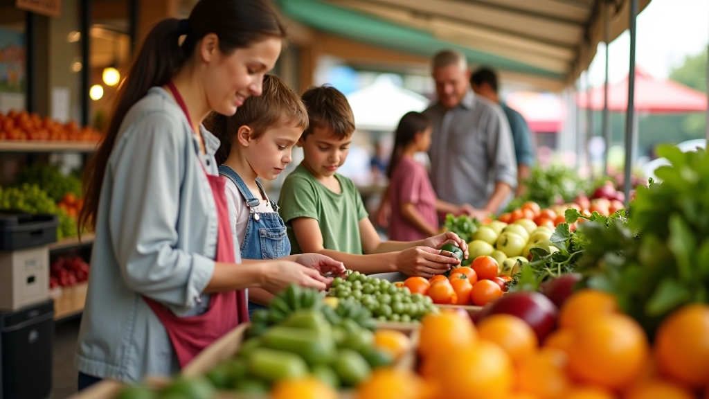 Family shopping together at a farmers market with fresh produce baskets and price signs visible