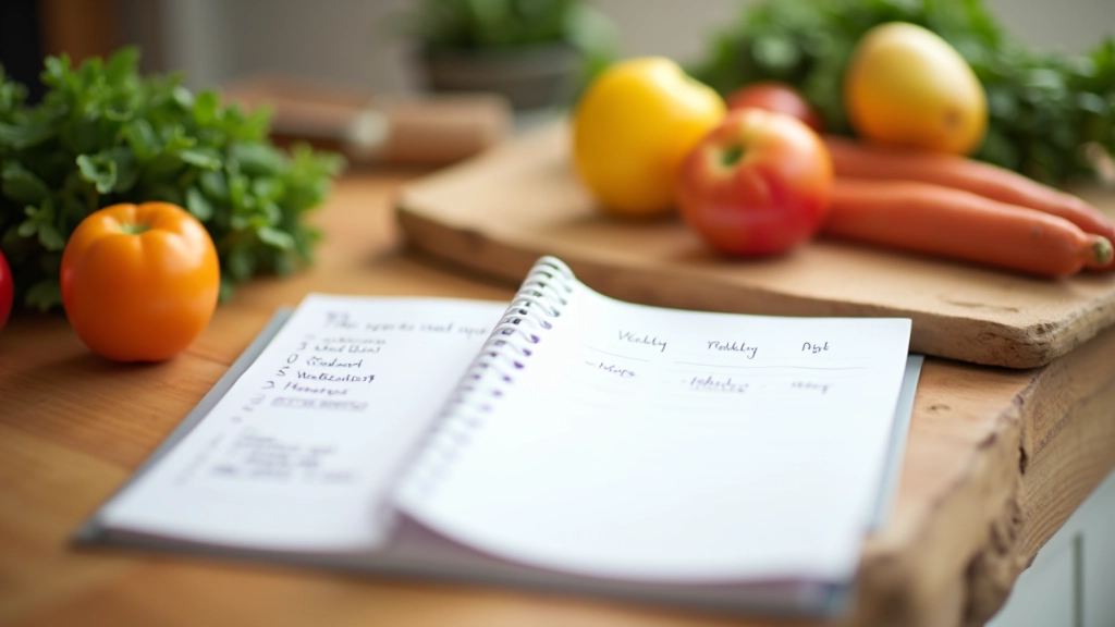 Weekly meal plan written on paper with ingredients laid out, grocery list checklist, and kitchen counter