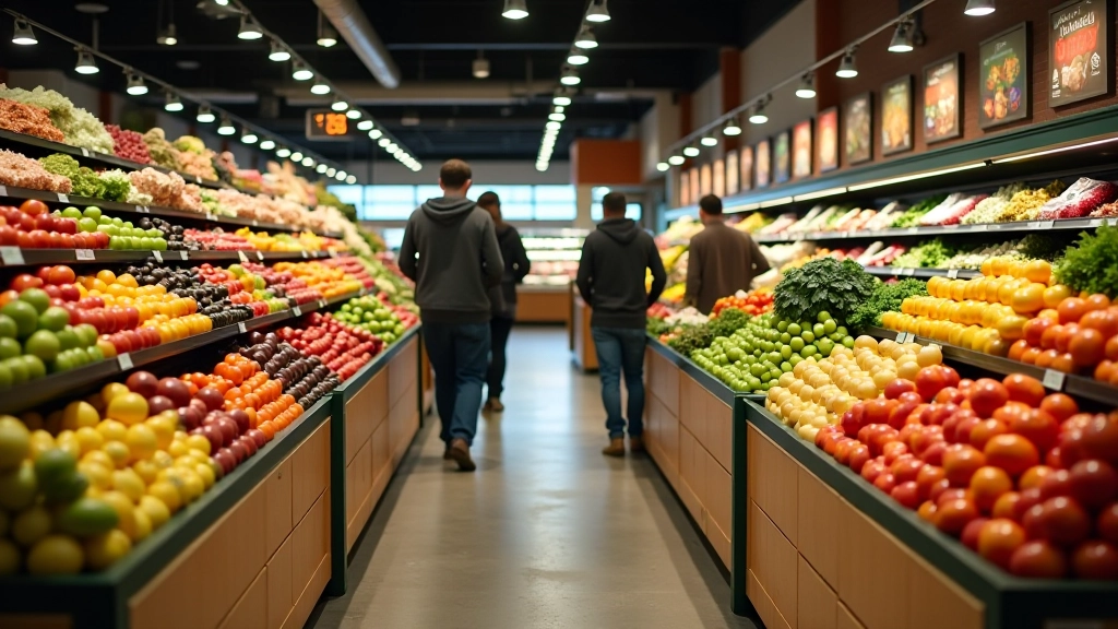 Busy Toronto grocery store with fresh produce displays and shopping customers