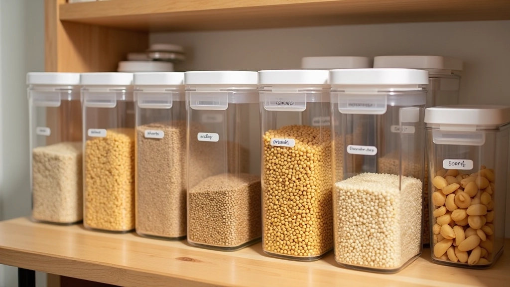 Organized pantry shelves with bulk bins, labeled containers, and dry goods stored efficiently